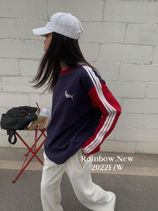 [RAINBOW] Autumn and winter niche design sense color contrast stitching round neck long-sleeved T-shirt (fashionable long-sleeved thick T-shirt) YS1-08593# FHX
