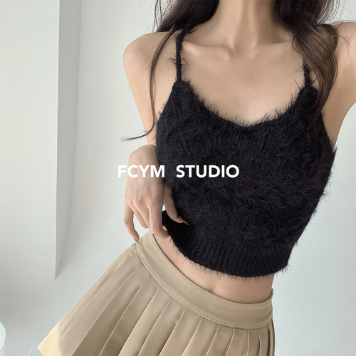 Street pure desire style imitation mink hair strap hanging neck camisole women's inner tube top bottoming short style outerwear top women