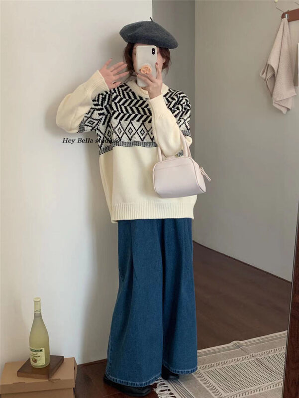 【HEY BELLA】Personalized lozenge color contrast loose round neck warm sweater B9793# L