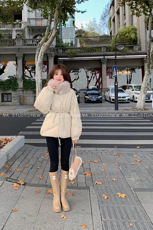 [CHEN/MK] Korean version of all-match casual warm down jacket (with detachable real fox fur collar, waist rope) (including 90% white duck down) yr13# HJY