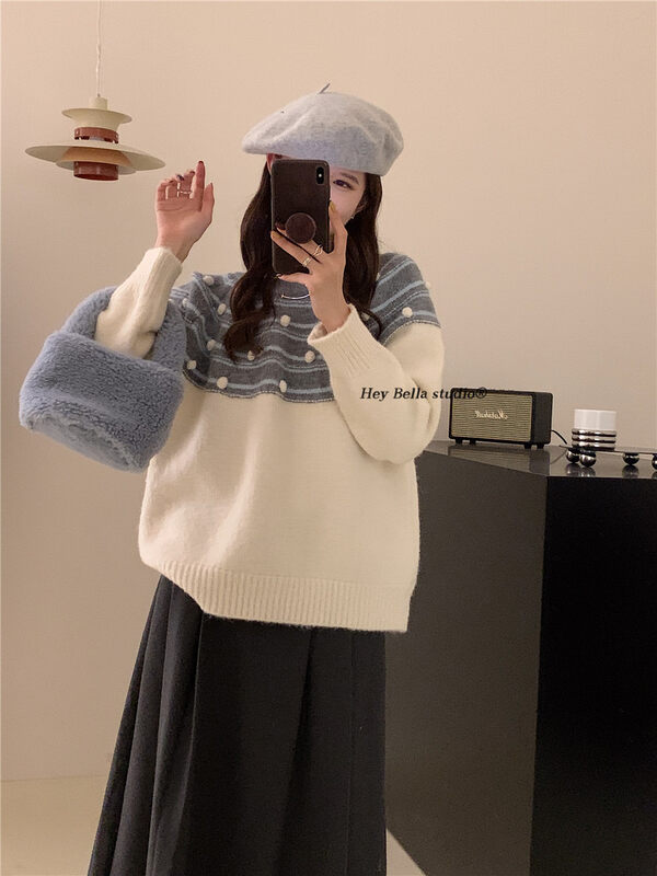[HEY BELLA] round neck pullover comfortable and versatile warm sweater B9767# L