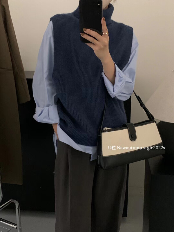 [U grain] high collar simple all-match knitted vest 8015