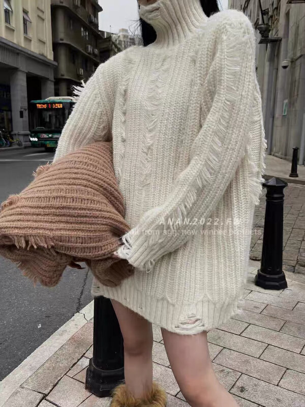 【RAINBOW】High-neck fringed warm sweater (long high-end pullover top) 0688# FHX