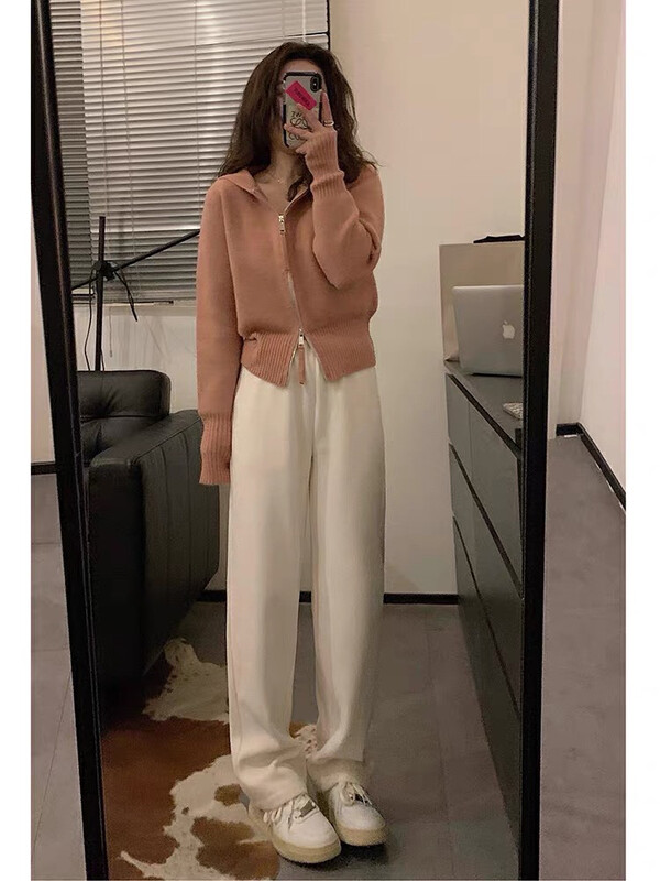 [JH] Solid color zipper hooded short jacket + elastic waist casual pants two-piece suit 43326# PCZ
