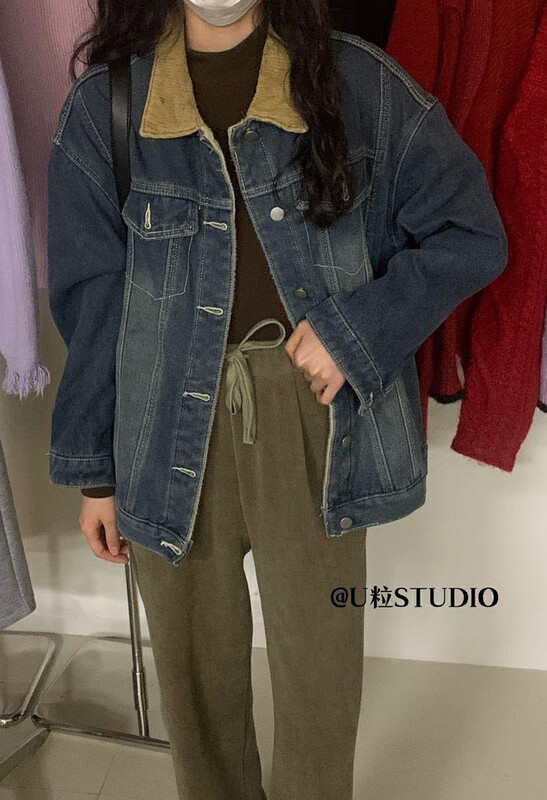 【U grain】Korean style retro stitching corduroy lazy style denim jacket U01# FHX