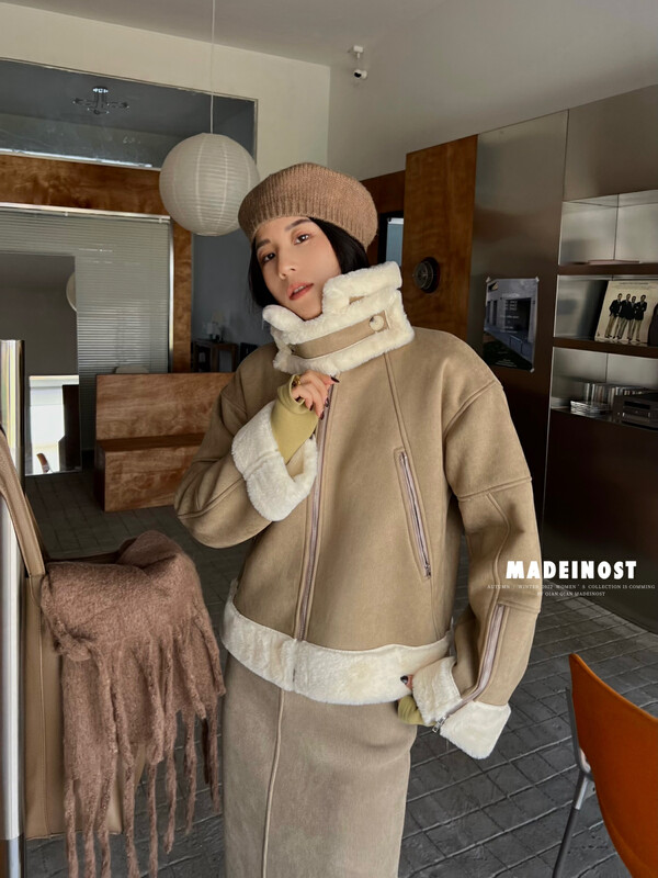 [Osha MADEINOST] stand-up collar two-wear motorcycle style short fur coat 87365# FHX