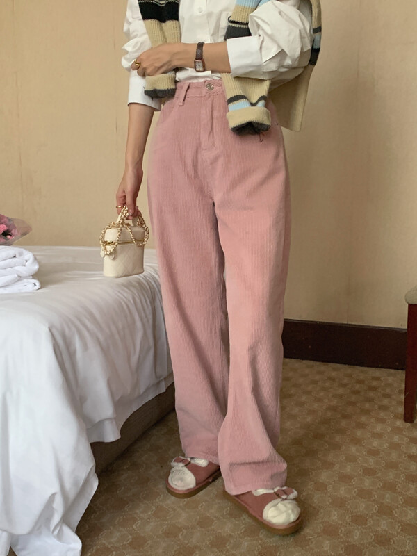 【MEET ME】Thickened high-waisted high-waist leather pink corduroy retro corduroy casual pants 61570-# L