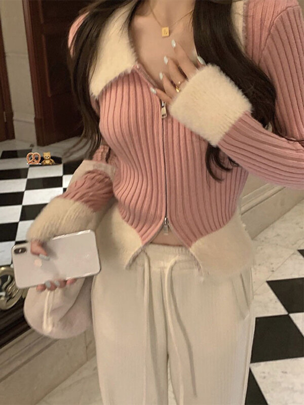 【L.L STUDIO】Designed fur collar stitching zipper sweater 78518# PCZ
