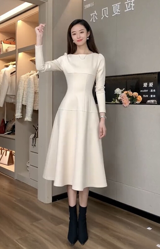 【JH】Korean puff sleeve solid color round neck dress 43314# PCZ