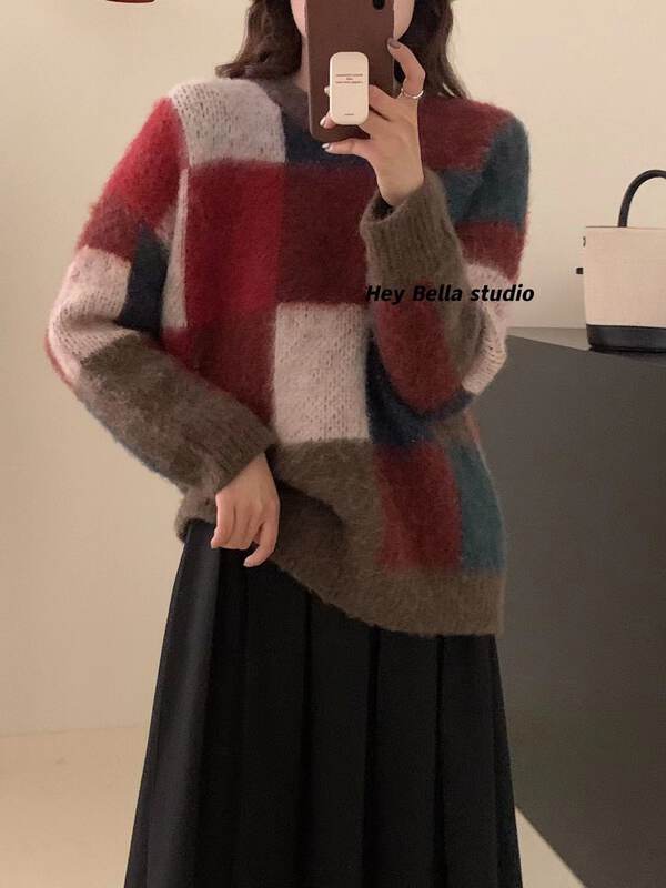 【HEY BELLA】Plaid fashion pullover all-match warm sweater B9938# L