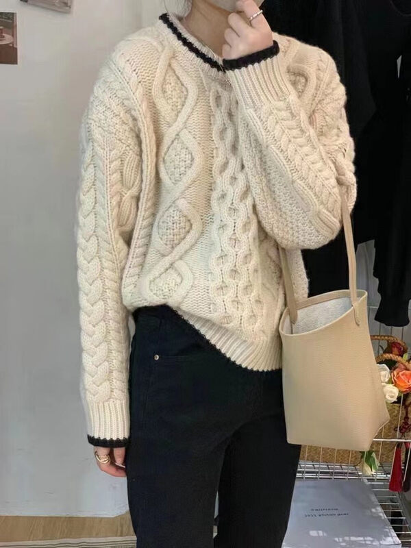 【ARE YOU】Comfortable and warm sweater with round neck color block pullover 695# L