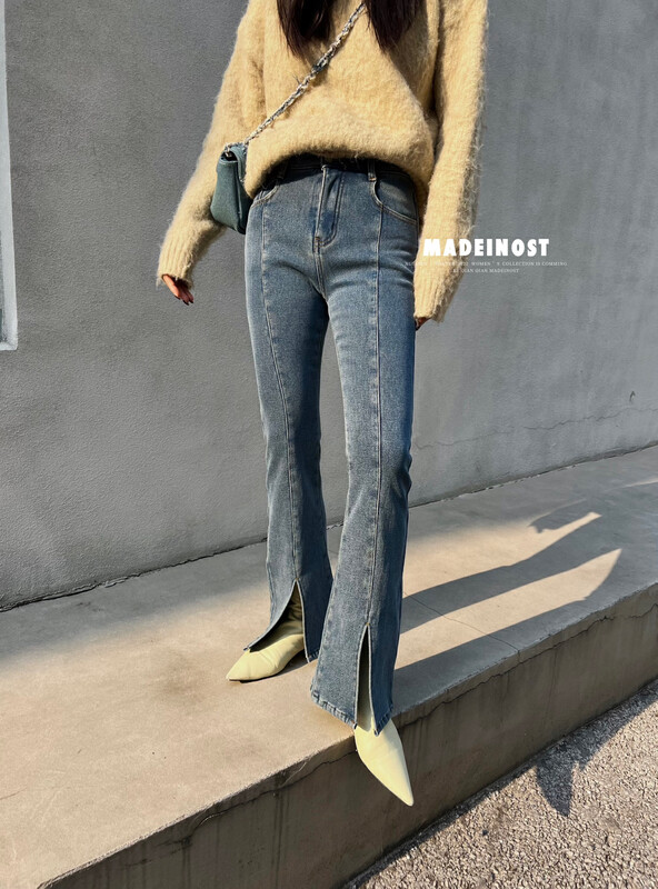 【Osha MADEINOST】Winter new style plus velvet and thickened front split slim-fit jeans micro-La 87367