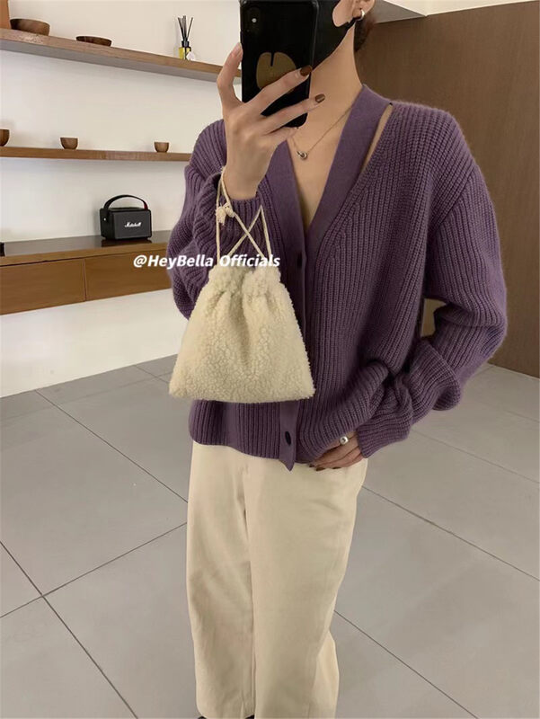 【HEY BELLA】V-neck single-breasted solid color comfortable warm sweater B9905# L