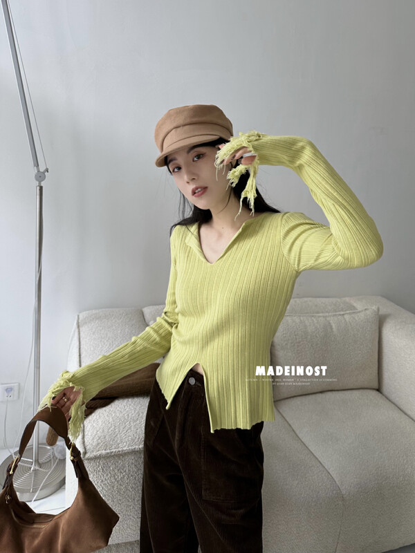 【Osha MADEINOST】Winter New Design Tassel Cuffs V-Neck Thick Bottom Sweater S7238# FHX