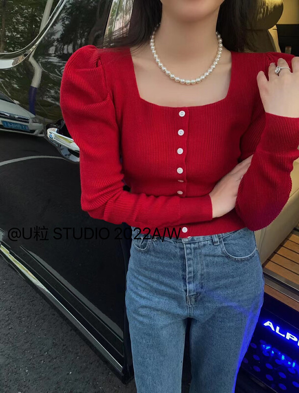 [U grain] Retro Square Neck Court Style Knitted Sweater 7210