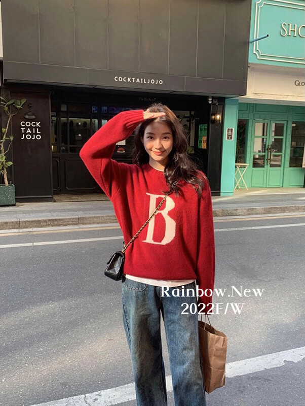 【RAINBOW】Fashion round neck letter knit sweater loose foreign style soft waxy thickened 0293