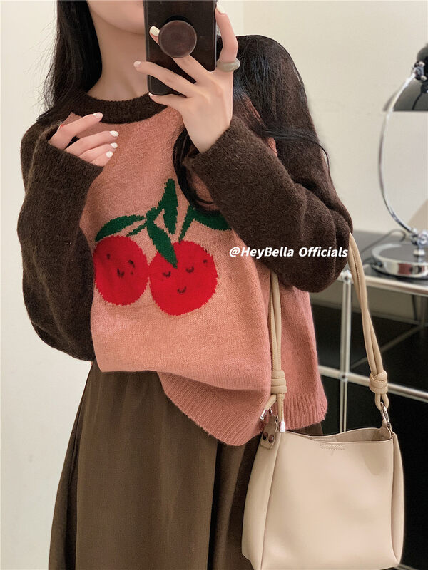 【HEY BELLA】Color contrast cherry pullover warm sweater B9946# L