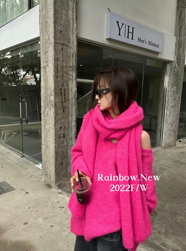[RAINBOW] Neck V-neck solid color lazy style warm sweater (warm two-piece set) 0288# ​​FHX