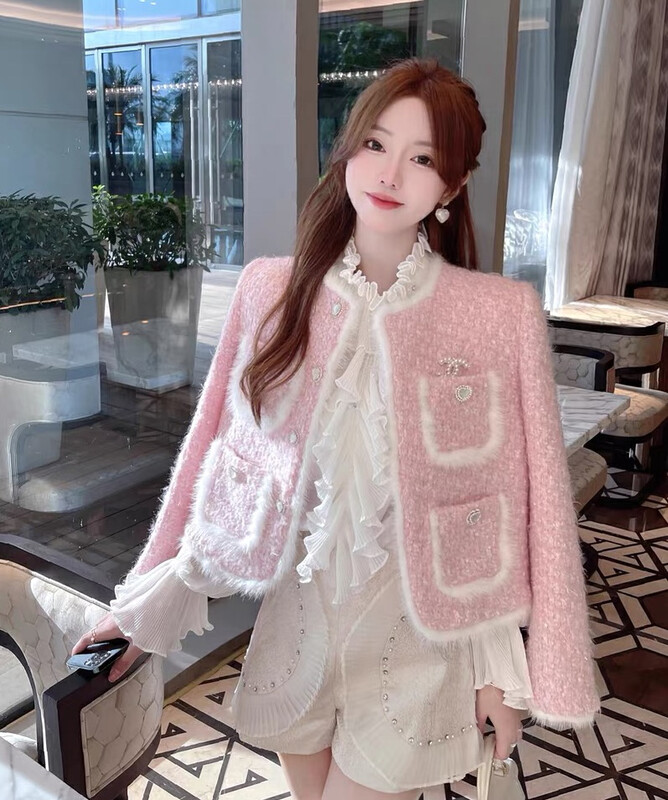 【JH】Xiaoxiang style stitching plush texture short coat 43236# PCZ
