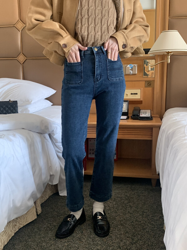 Hot style recommendation!  【MEET ME】Fleece Thick Double Pocket Cigarette Jeans 61560-# L
