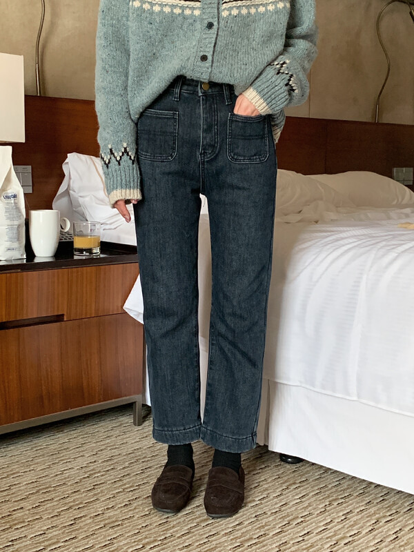 【MEET ME】pocket straight pipe plus fleece thick jeans 61595# L