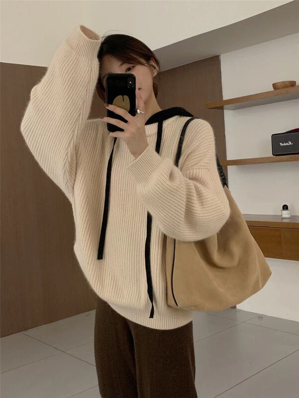 【ARE YOU】Hooded color matching comfortable and versatile warm sweater YS1-798# L