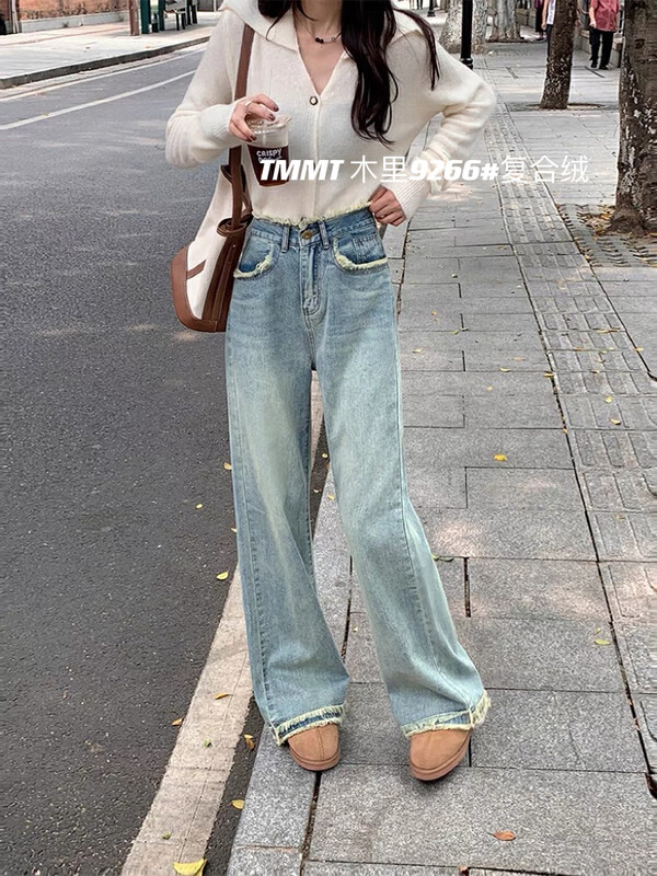 [JIAJIATMMT Muli] Lazy tone retro slightly wide-leg plus velvet thickened jeans 9266# L