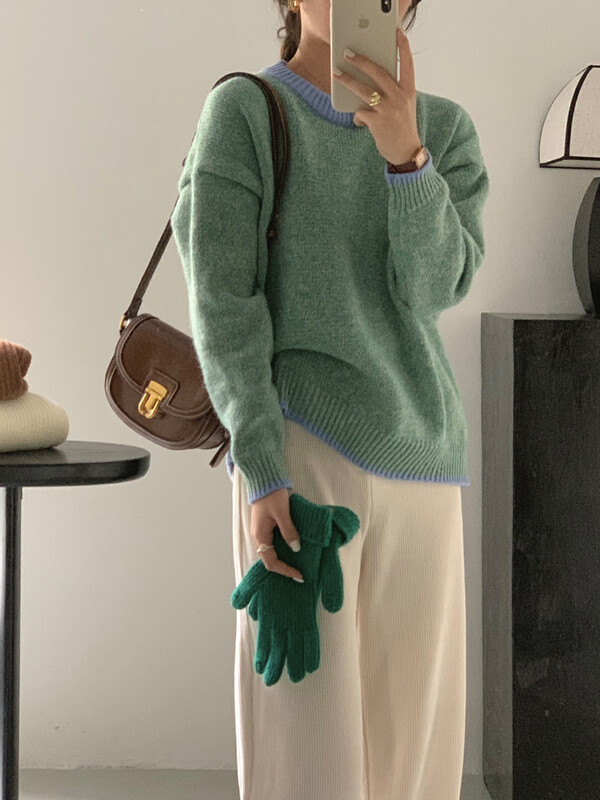 【ING】Korean style round neck all-match color matching foreign style sweater w3986