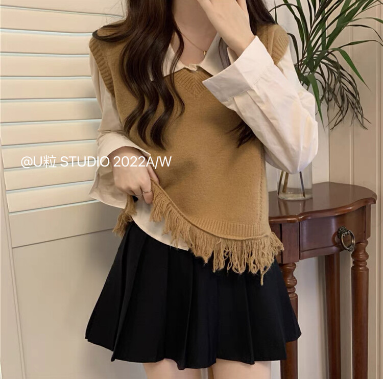 Original price 54.14! [U grain] Korean design tassel knitted vest only sell vest 3266