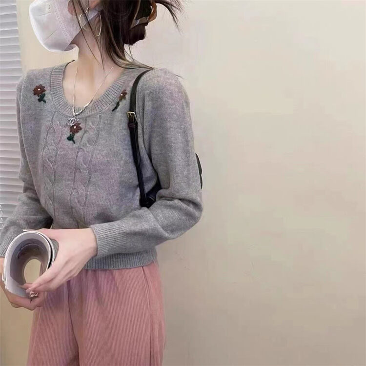 【ARE YOU】Comfortable and Versatile Warm Sweater with Round Neck Embroidery 791# L