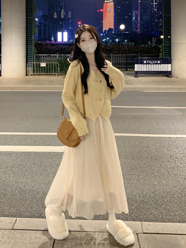 [JH] Solid color double-breasted knitted cardigan + high waist skirt two-piece suit 43211# PCZ