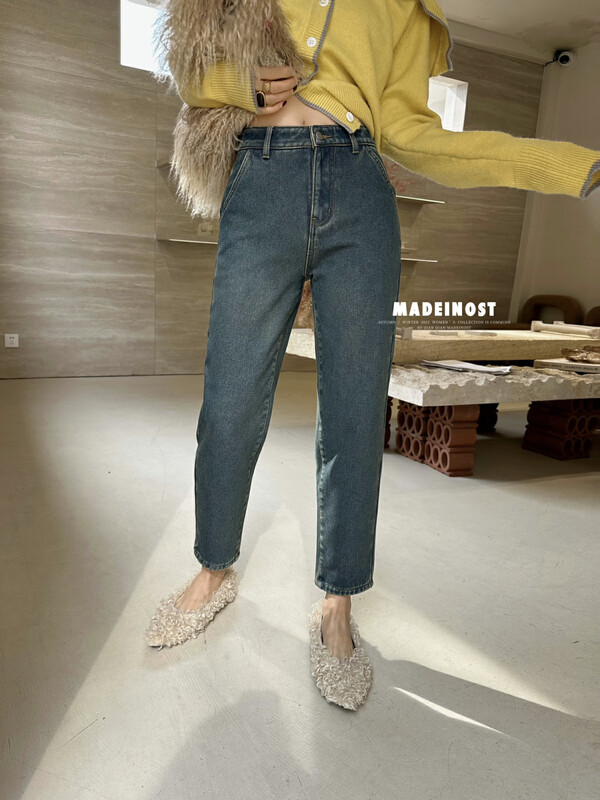 【OSHA MADEINOST】Winter new style retro small feet nine-point fleece slim jeans 87520# FHX