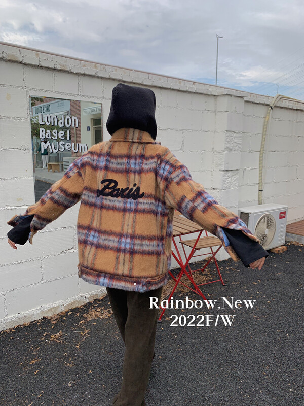 【RAINBOW】Winter New British Style Retro Contrast Color Plaid Hooded Short Jacket (Padded Wool Wool Jacket) YS1-03038# FHX