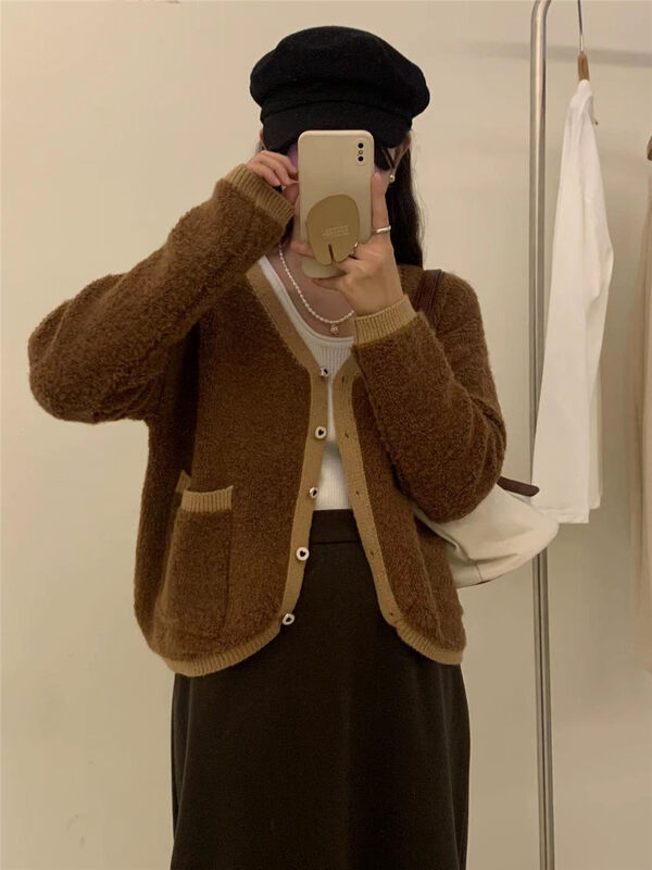 【ARE YOU】Colour-coloured edge small fragrant knitted cardigan 770# L