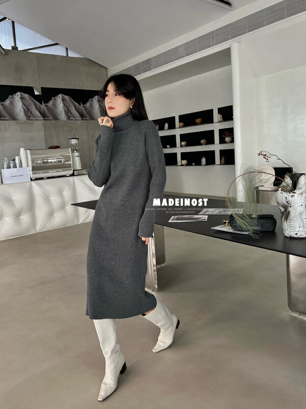 [Osha MADEINOST] Winter new minimalist high-necked pit strip woolen dress loose S7228