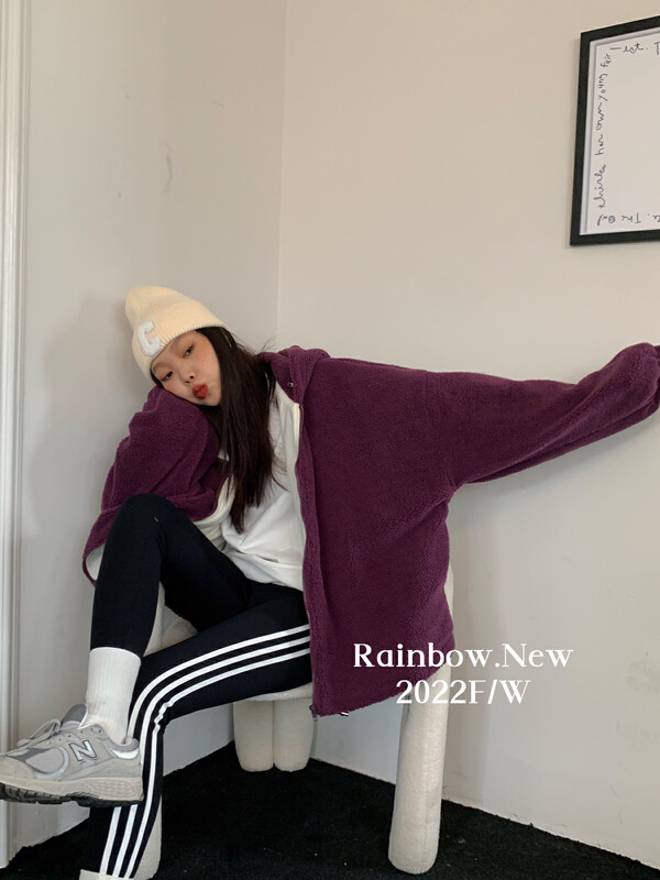 【RAINBOW】Explosive style candy color plush hooded short jacket thickened with fleece YS1-12573-1
