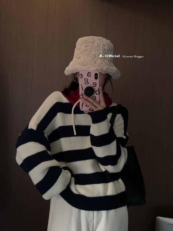 【B plus】Korean style simple atmosphere loose striped thickened hooded sweater 22-8381-2