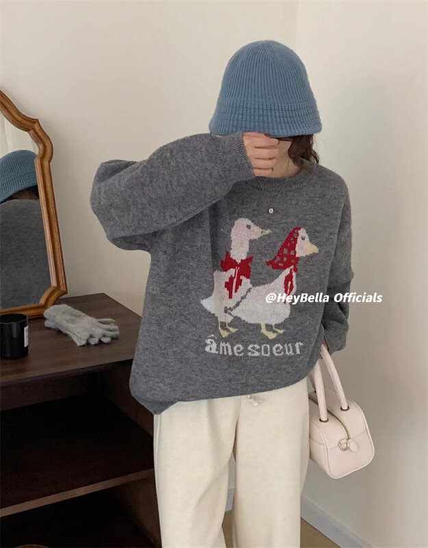 [HEY BELLA] round neck pullover loose duck pattern warm sweater B9929# L