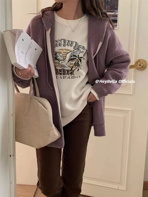【HEY BELLA】Hooded Zipper Loose Comfortable Warm Sweater B9707# L
