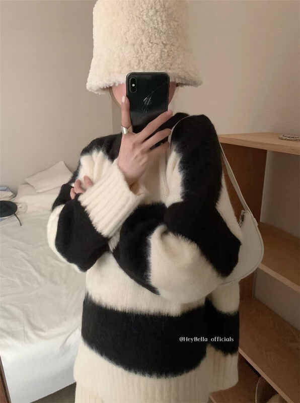 【HEY BELLA】Color-contrasting striped Korean all-match warm sweater B9753# L