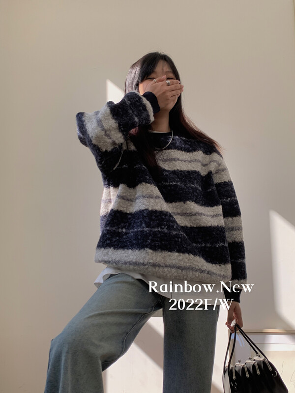Original price 98.99! 【RAINBOW】Striped wool sweater (loose pullover sweater with fleece inside) 03033# FHX