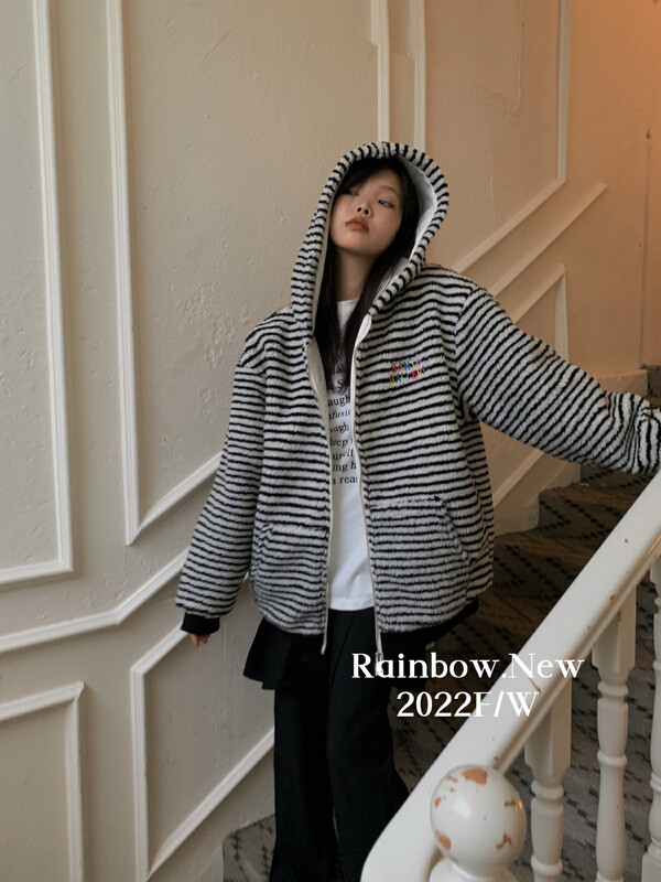 Original price 146.51! [RAINBOW] Lamb wool striped western-style age-reducing short coat (medium-length long-sleeved hood) 02138# FHX