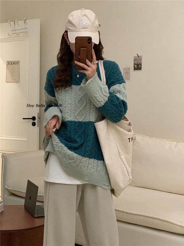 [HEY BELLA] Round neck striped comfortable and versatile warm sweater B9795# L