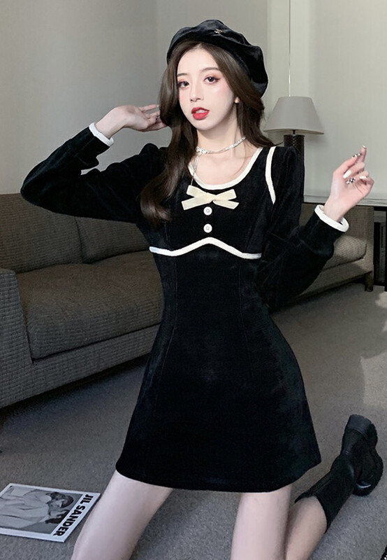 【JH】Lady Contrasting Color Side Puff Sleeve Bow Dress 43321# PCZ