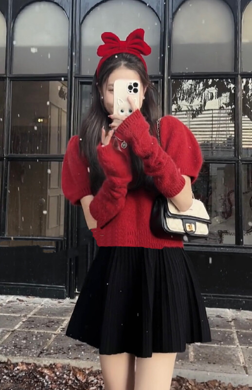 【JH】Internet celebrity lantern sleeve short-sleeved sweater + pleated skirt suit (with sleeves) 43374# PCZ