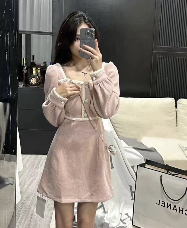 【JH】Small Xiangfeng Contrasting Color Edge Waist Slim Dress 43329# PCZ