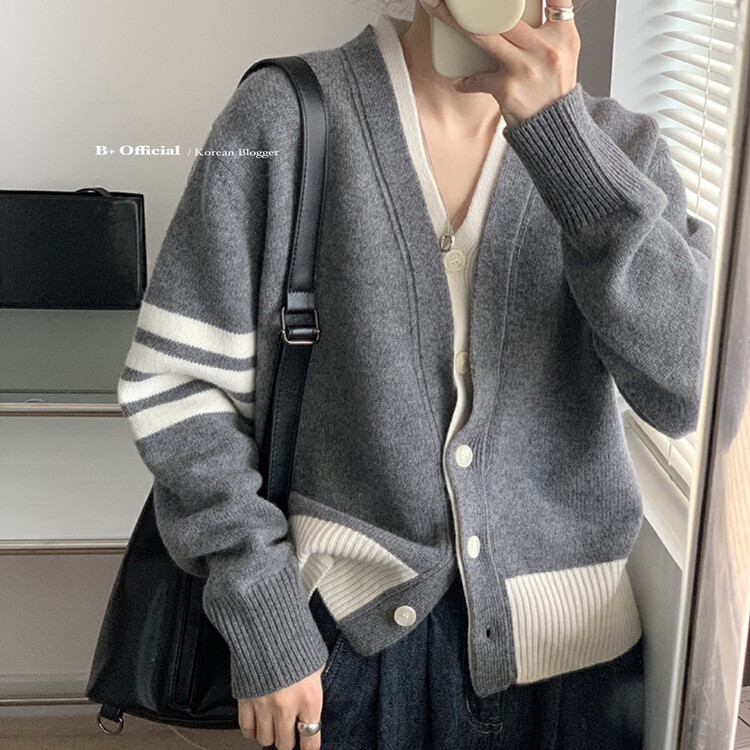 [B Plus] The same Korean style simple literary and artistic contrast color knitted coat sweater 22-8314-2
