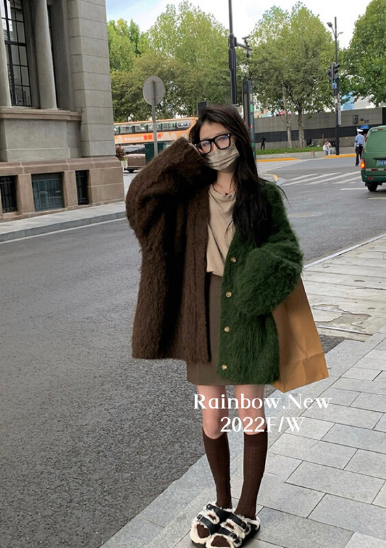 [RAINBOW] Plush and fluffy color-blocking big-name knitted cardigan loose and thin jacket 0283