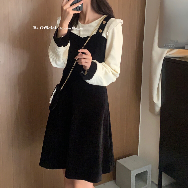 【B plus】Korean style simple and fresh all-match splicing dress (with chain messenger bag) 22-8530-2