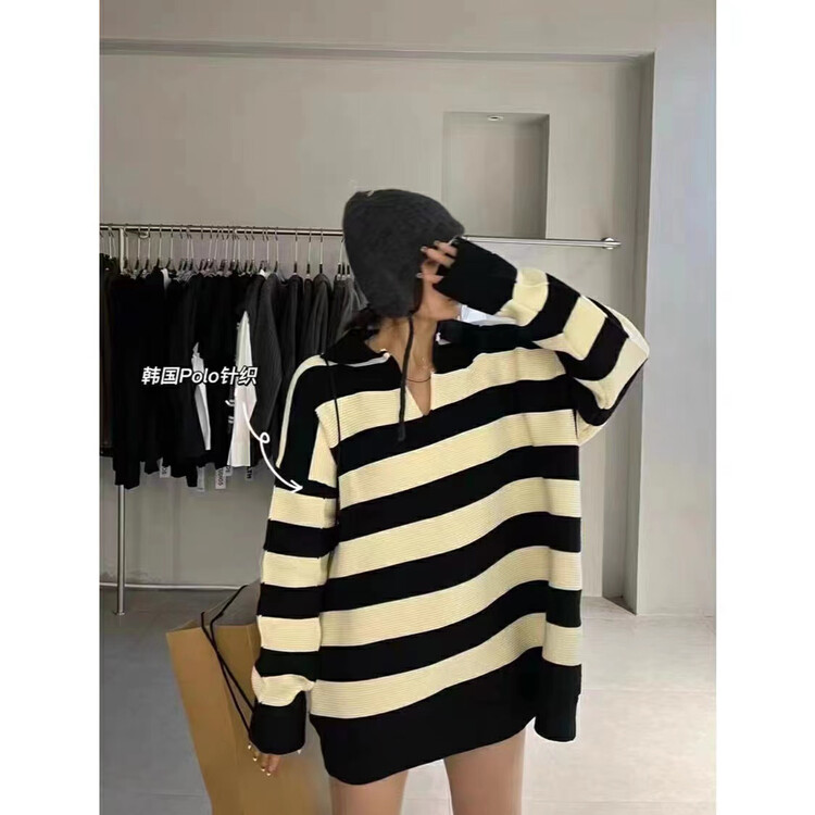 [RAINBOW] High-quality striped Polo sweater casual loose all-match 2695